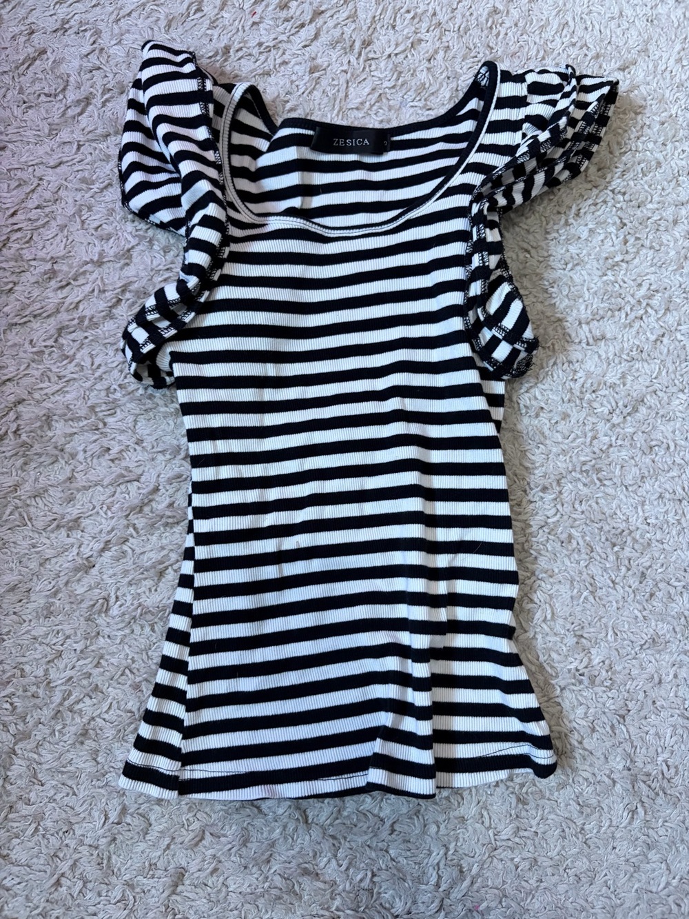 Zesica Black & White Striped Flutter Sleeve Tee